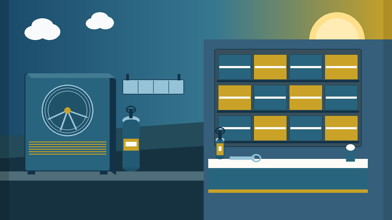 California supply-house shelves, counter, condenser, and refrigerant cylinder — illustration for HVAC This Week